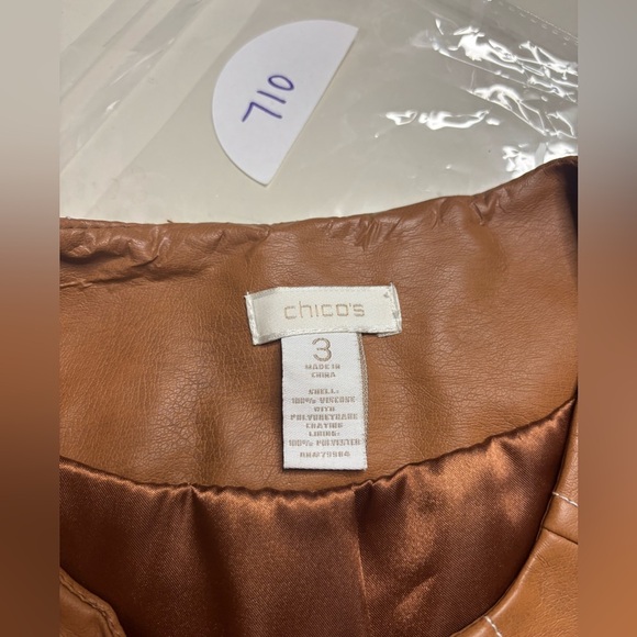 Chico's Faux Leather Tan Brown Zip Up Jacket Blazer Size 3/ XL Moto - Picture 6 of 10
